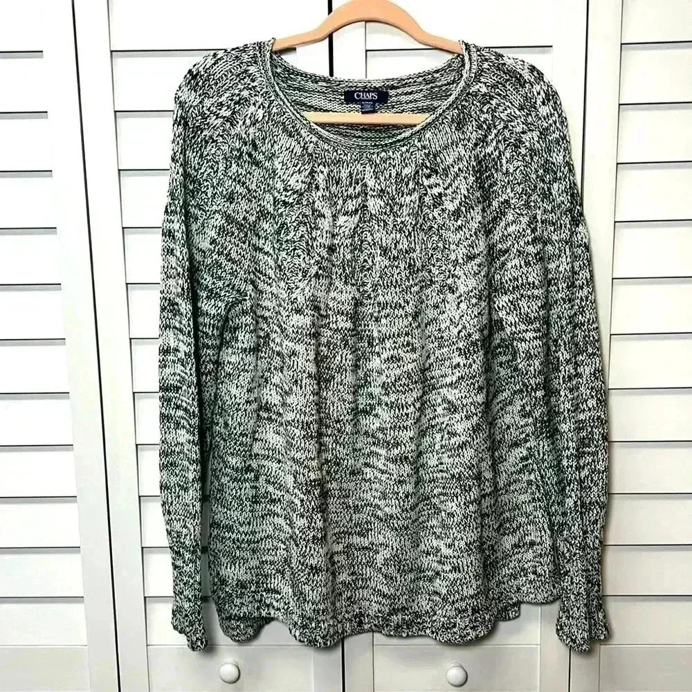 Chaps Stitched Yoke Crewneck Sweater Size XL Marled Black & White